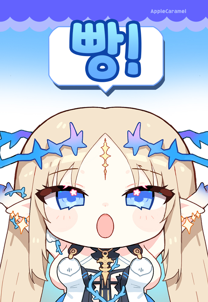 apple caramel, fleurdelys (wuthering waves), wuthering waves, commentary, revision, 1girl, blonde hair, blue eyes, blue hair, breasts, chibi, chibi only, colored inner hair, crown of thorns, long hair, medium breasts, multicolored hair, no horns, open mouth, pointy ears, solo, tacet mark (wuthering waves), upper body