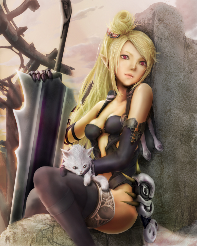 rinzou (dangan), original, bad id, bad pixiv id, blonde hair, cat, legs, lips, red eyes, solo, sword, weapon