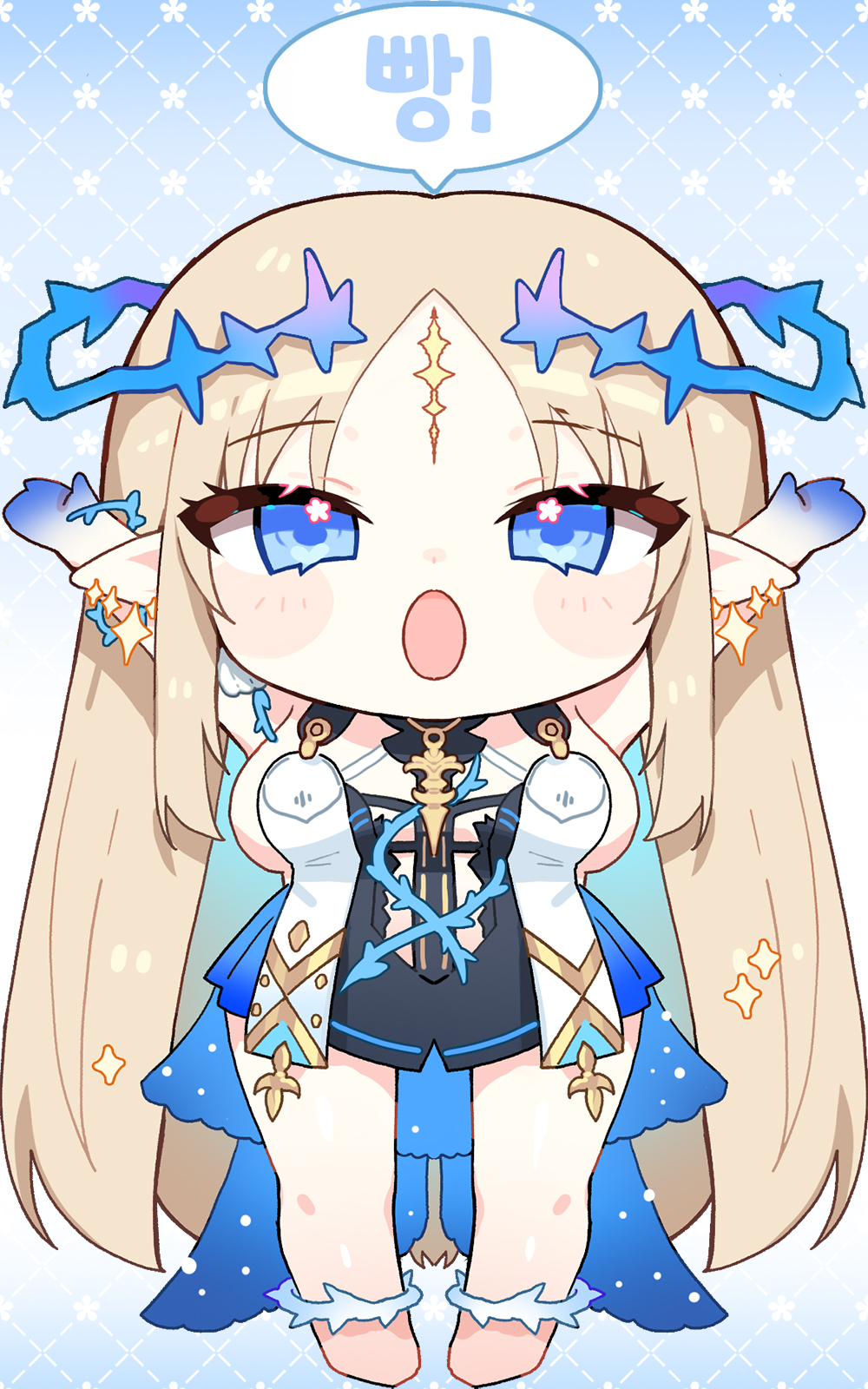 apple caramel, fleurdelys (wuthering waves), wuthering waves, commentary, highres, 1girl, barefoot, black dress, blonde hair, blue eyes, blue hair, breasts, chibi, chibi only, colored inner hair, crown of thorns, dress, full body, long hair, medium breasts, multicolored hair, no horns, open mouth, pointy ears, solo, tacet mark (wuthering waves)