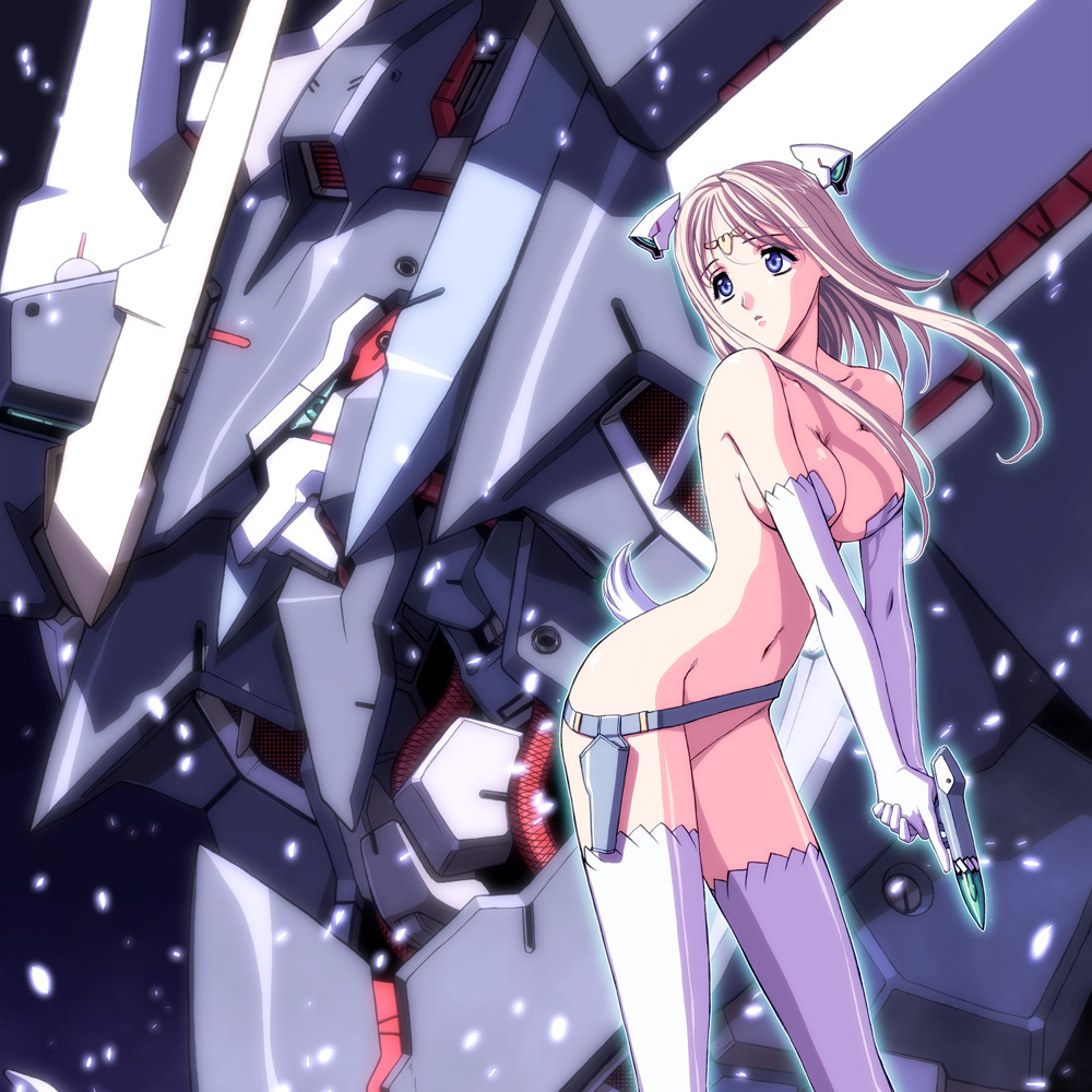 magaki ryouta, original, 1girl, blue eyes, breasts, brown hair, cleavage, female focus, gun, holster, mecha, medium breasts, robot, solo, tail, thighhighs, weapon