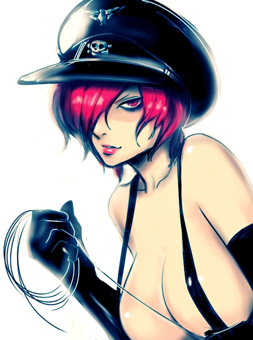 igarashi ran (igatz), igatz, chocolate misu, bakuretsu hunters, bad id, bad pixiv id, 1girl, bdsm, breasts, dominatrix, female focus, garrote, hair over one eye, hat, huge breasts, large breasts, leather, lipstick, makeup, naked suspenders, peaked cap, red eyes, revealing clothes, skull, solo, suspenders, topless female, white background, wire
