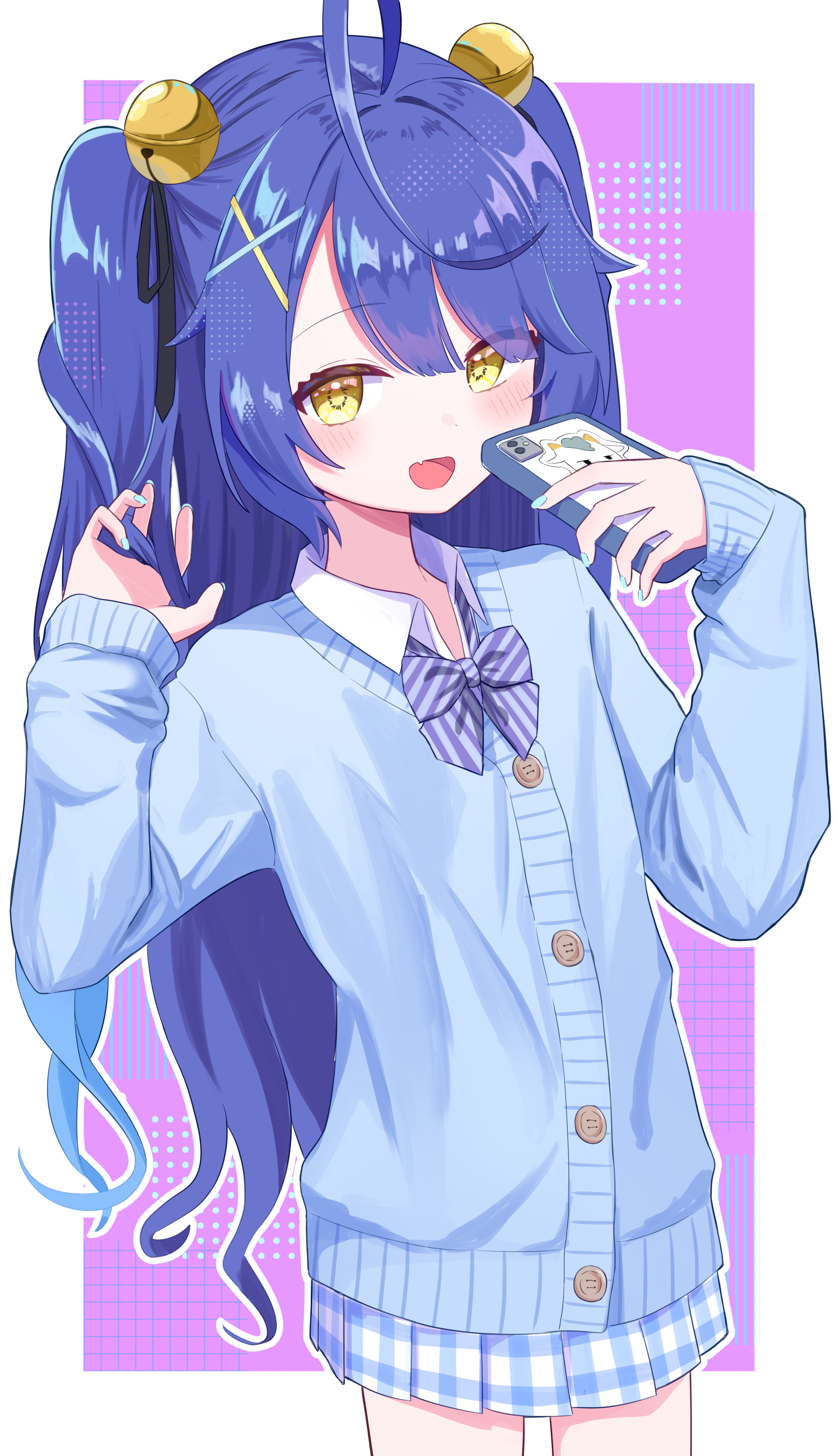 kurimatcha, amamiya kokoro, nijisanji, absurdres, highres, 1girl, ahoge, bell, blue hair, blunt bangs, blush, bow, bowtie, buttons, cellphone, fang, hair bell, hair ornament, hair ribbon, hand in own hair, holding, holding phone, jingle bell, long hair, long sleeves, looking at viewer, open collar, phone, plaid clothes, plaid skirt, ribbon, school uniform, sidelocks, simple background, skin fang, skirt, solo, striped bow, striped bowtie, striped clothes, thighs, two side up, very long hair, virtual youtuber, x hair ornament, yellow eyes