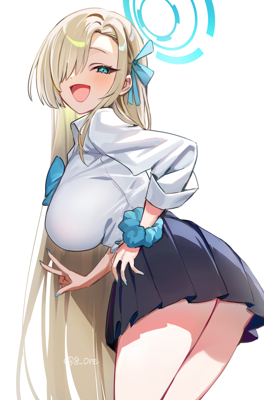 8n0 g, asuna (blue archive), asuna (school uniform) (blue archive), blue archive, highres, 1girl, black skirt, blonde hair, blue bow, blue bowtie, blue eyes, blue halo, blush, bow, bowtie, breasts, hair over one eye, halo, large breasts, long hair, looking at viewer, open mouth, pleated skirt, scrunchie, shirt, skirt, sleeves rolled up, solo, thighs, v, very long hair, white shirt, wrist scrunchie