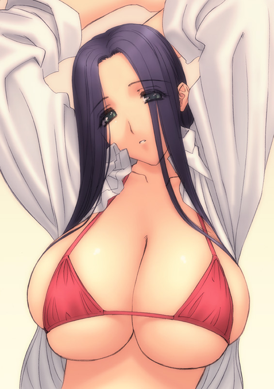 magaki ryouta, original, 1girl, bikini, bikini top only, blue hair, breasts, bursting breasts, cleavage, female focus, green eyes, huge breasts, large breasts, red bikini, solo, swimsuit