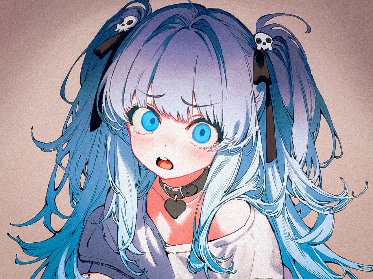 sigta, original, 1girl, belt collar, blue eyes, blue hair, blush, brown background, choker, collar, d:, furrowed brow, hair intakes, hair ornament, hair tie, heart collar, jacket, light blush, long hair, looking at viewer, off shoulder, open mouth, shirt, single bare shoulder, skull hair ornament, solo, teeth, twintails, upper body, upper teeth only, white shirt
