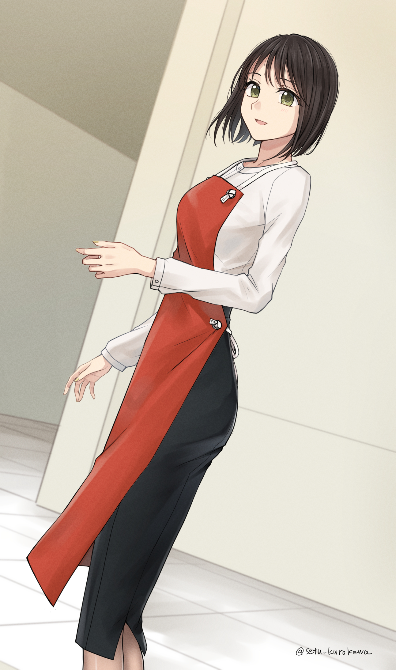 setu kurokawa, original, commentary request, commission, highres, pixiv commission, variant set, 1girl, apron, artist name, black hair, black skirt, dutch angle, from side, green eyes, legs, long sleeves, office lady, pencil skirt, red apron, shirt, short hair, skirt, solo, standing, twitter username, watermark, white shirt