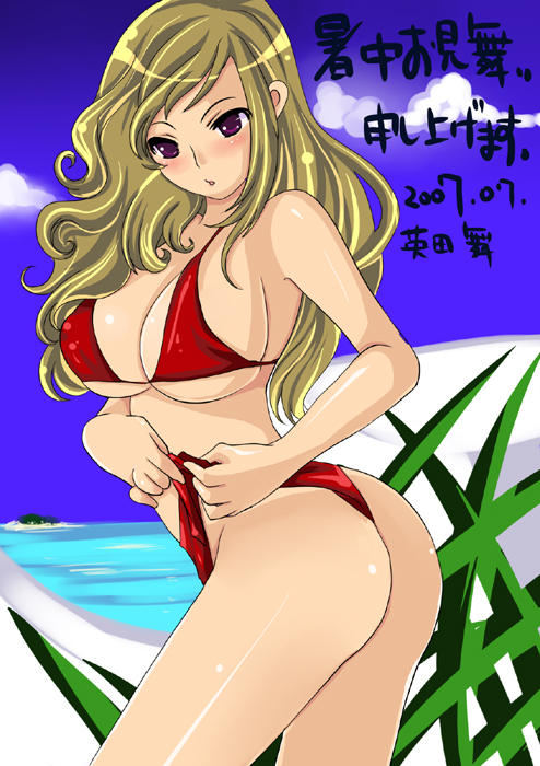 bikini, blonde hair, blush, breasts, huge breasts, large breasts, red bikini, red eyes, solo, swimsuit
