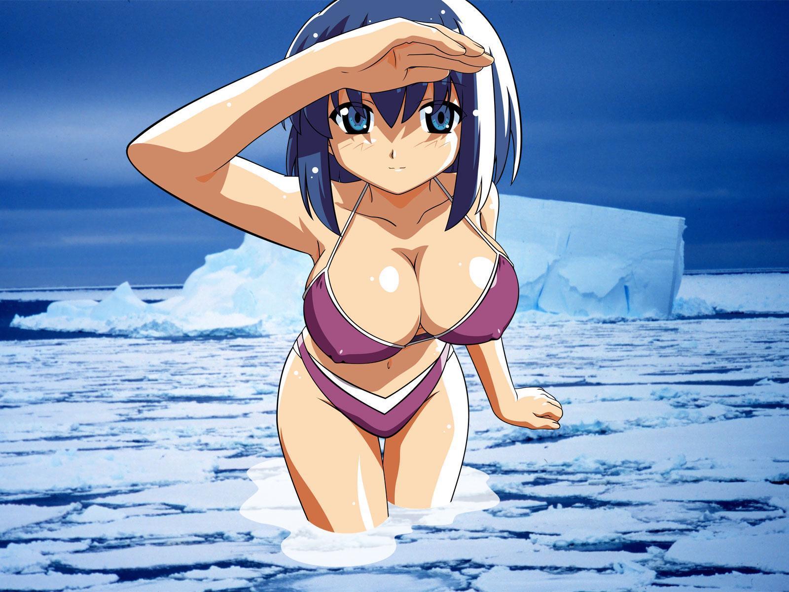 watanabe akio, kokubunji koyori, nurse witch komugi-chan, highres, jpeg artifacts, scan, third-party edit, 00s, 1girl, arm up, armpits, bare shoulders, bikini, blue eyes, blue hair, breasts, cleavage, collarbone, covered erect nipples, curvy, female focus, hip focus, huge breasts, ice, iceberg, large breasts, long hair, matching hair/eyes, navel, nipples, purple bikini, shading eyes, short hair, sky, smile, solo, swimsuit, water, wet