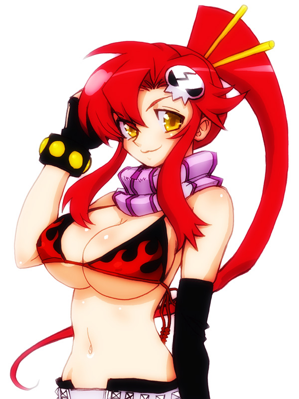 zero hime, yoko littner, tengen toppa gurren lagann, bad id, 00s, 1girl, :3, bikini, bikini top only, breasts, cleavage, elbow gloves, female focus, gloves, hair ornament, huge breasts, large breasts, long hair, midriff, navel, ponytail, red hair, scarf, skull, skull hair ornament, solo, striped clothes, striped scarf, swimsuit, underboob, yellow eyes