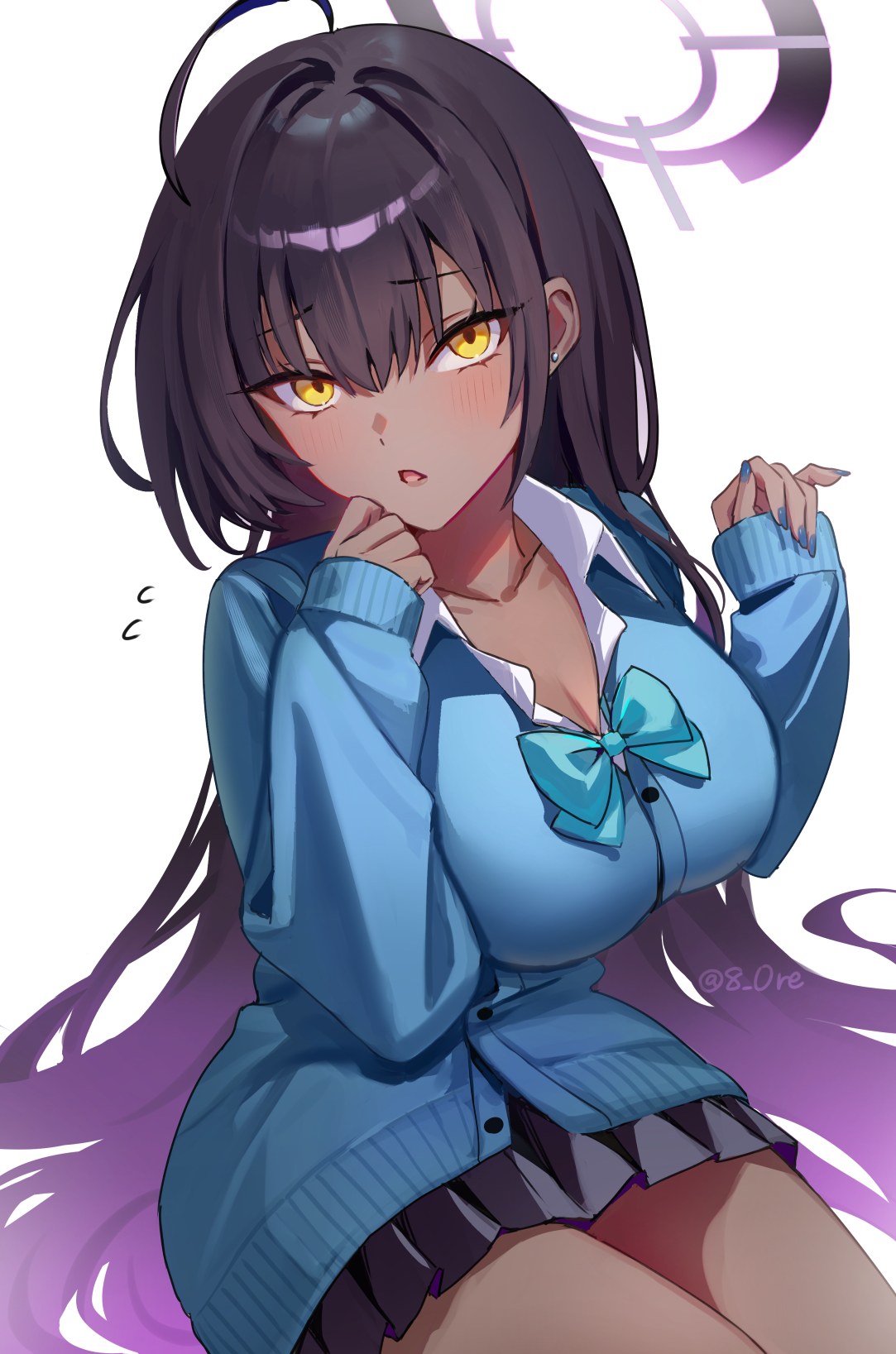 8n0 g, karin (blue archive), karin (school uniform) (blue archive), blue archive, highres, 1girl, ahoge, black hair, black skirt, blue bow, blue bowtie, blue cardigan, blush, bow, bowtie, breasts, cardigan, cleavage, collarbone, gradient hair, hair between eyes, halo, large breasts, long hair, looking at viewer, multicolored hair, parted lips, pleated skirt, purple hair, purple halo, shirt, sitting, skirt, solo, very long hair, white shirt, yellow eyes