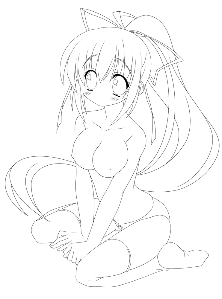 hisane, original, bad id, bad pixiv id, 1girl, breasts, female focus, greyscale, kneeling, large breasts, long hair, monochrome, panties, ponytail, solo, thighhighs, topless female, underwear