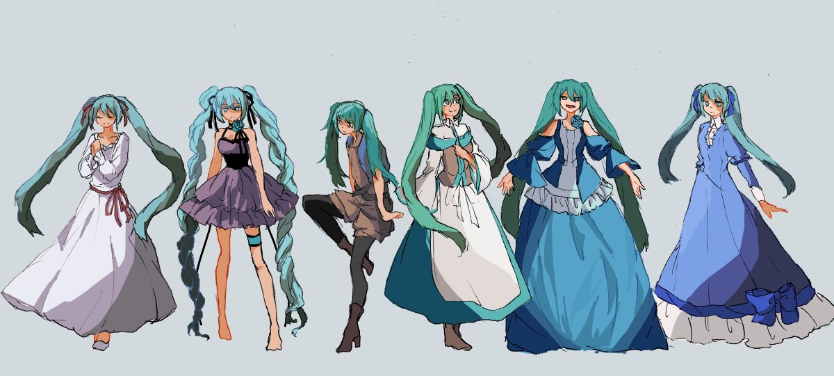 gherea, eve moonlit, houtei no nushi, margarita blankenheim, michaela (evillious nendaiki), akujiki musume conchita (vocaloid), evillious nendaiki, ma keikaku (vocaloid), nemurase hime kara no okurimono (vocaloid), venomania kou no kyouki (vocaloid), vocaloid, apron, aqua eyes, aqua flower, aqua hair, aqua rose, aqua skirt, asymmetrical dress, bare arms, bare shoulders, barefoot, black choker, black ribbon, blue bow, blue dress, blue jacket, blue ribbon, boots, bow, brown boots, brown shorts, choker, clockworker's doll, closed eyes, closed mouth, clothing cutout, collared dress, dress, dress bow, flower, flower choker, frilled dress, frilled thigh strap, frills, green eyes, green hair, grey pantyhose, hair ribbon, heartbeat, high heel boots, high heels, hunched over, jacket, juliet sleeves, leather, leather boots, long dress, long hair, long sleeves, look-alike, looking at viewer, master of the court (vocaloid), messy hair, mikulia greeonio, own hands clasped, own hands together, pantyhose, petticoat, platonic (akujiki musume conchita), puffy sleeves, purple dress, reincarnation, ribbon, rose, sennen no wiegenlied (vocaloid), shirt, short dress, shorts, shoulder cutout, skirt, sleeveless, sleeveless dress, sleeveless jacket, smile, standing, standing on one leg, thigh strap, twintails, very long hair, waist ribbon, white apron, white dress, white shirt, wide sleeves