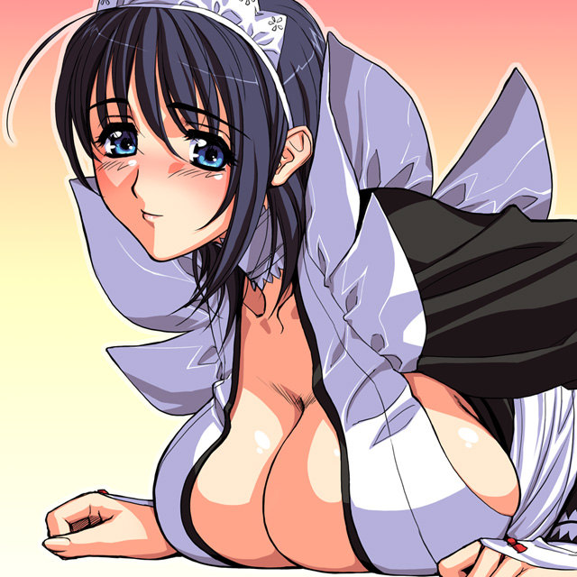 magaki ryouta, ryohta magaki, iroha (samurai spirits), samurai spirits, 1girl, black hair, blue eyes, breast press, breasts, cleavage, female focus, huge breasts, large breasts, short hair, sideboob, solo