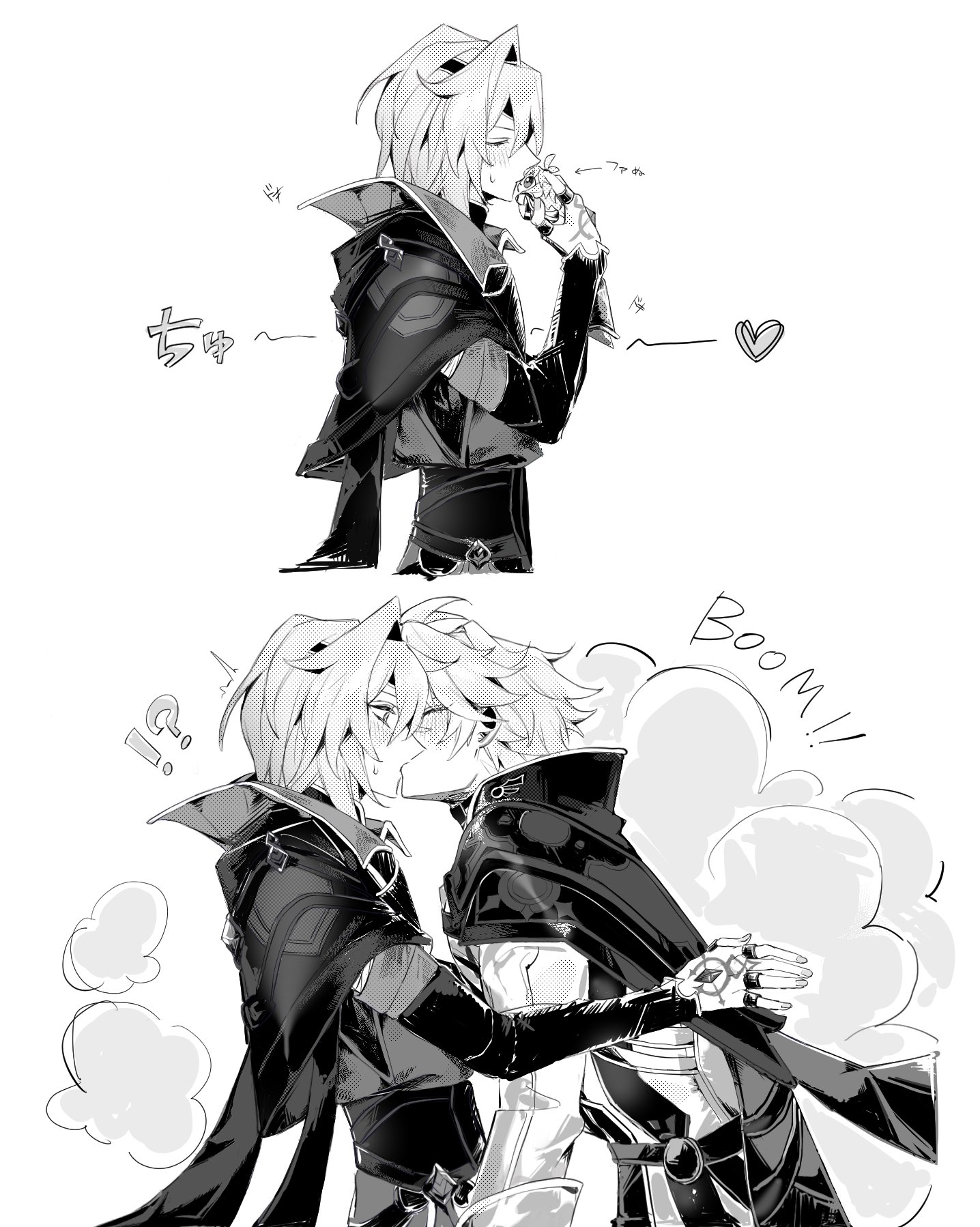anaxa (honkai: star rail), phainon (honkai: star rail), honkai: star rail, honkai (series), highres, !?, 2boys, black choker, black corset, black jacket, choker, closed eyes, corset, grey background, hair intakes, hand tattoo, hand up, heart, holding, jacket, kiss, lapels, male focus, mandarin collar, medium hair, monochrome, multiple boys, notched lapels, sa4gs3, short hair, simple background, tattoo, upper body, white background, yaoi