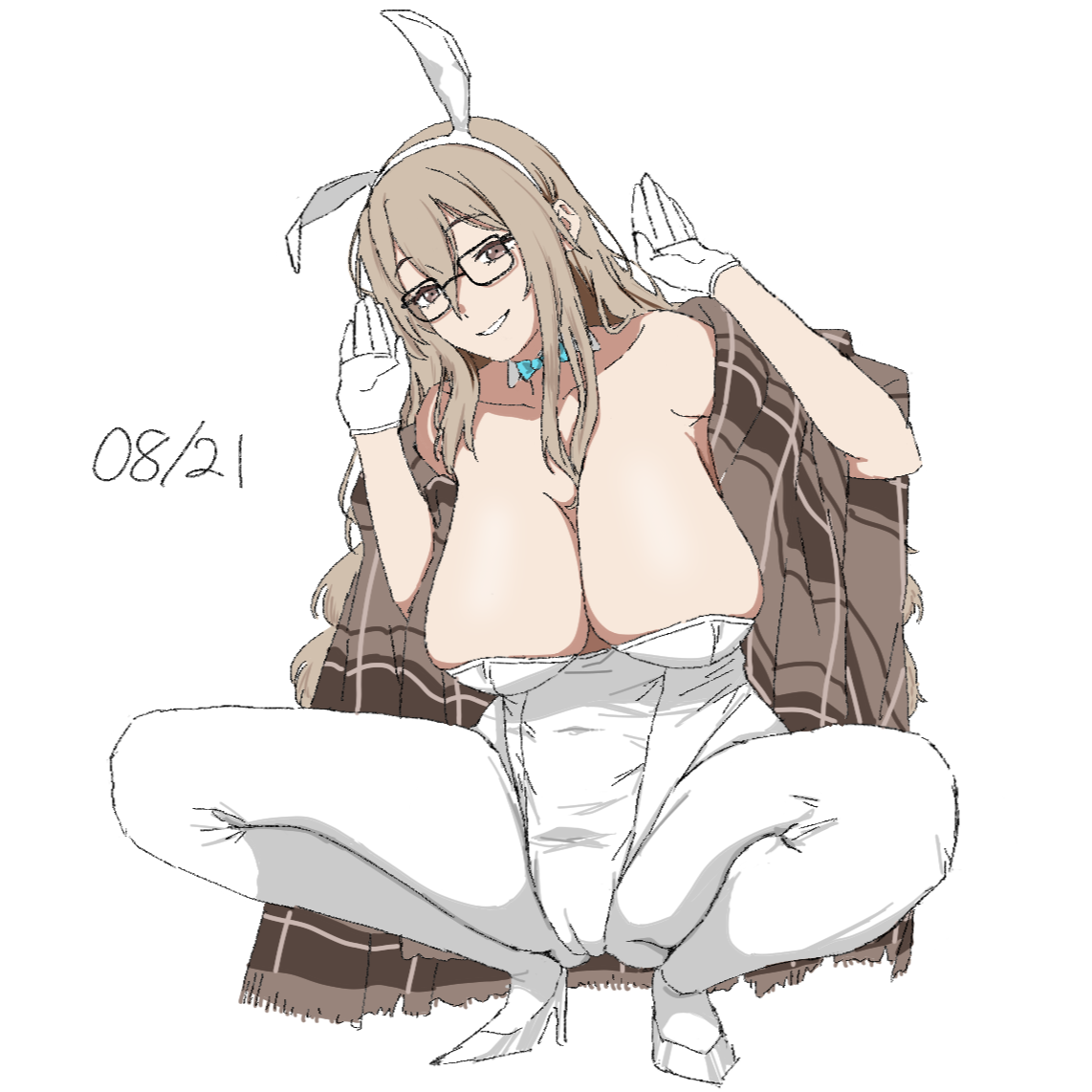 akane (blue archive), akane (bunny) (blue archive), blue archive, 1girl, animal ears, bare shoulders, blue bow, blue bowtie, bow, bowtie, breasts, brown eyes, brown hair, brown shawl, cameltoe, cleavage, collarbone, detached collar, fake animal ears, glasses, gloves, grin, hair between eyes, high heels, hu luan cha, large breasts, leotard, long hair, looking at viewer, no halo, pantyhose, rabbit ears, rabbit pose, shawl, shoes, smile, solo, spread legs, squatting, strapless, strapless leotard, white gloves, white leotard, white pantyhose, white shoes