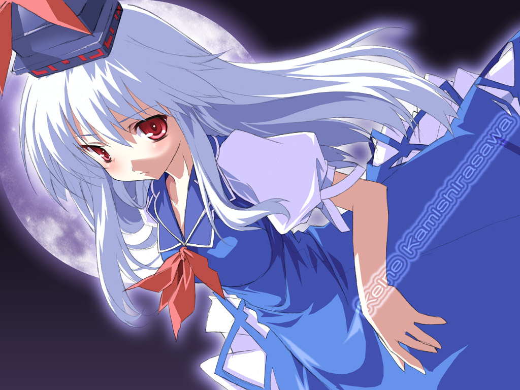 yamano sachi, kamishirasawa keine, touhou, kerchief, silver hair, 1girl, blue dress, character name, dress, dutch angle, female focus, full moon, hat, long hair, looking at viewer, moon, puffy short sleeves, puffy sleeves, red eyes, red ribbon, ribbon, short sleeves, solo, tate eboshi, upper body, very long hair