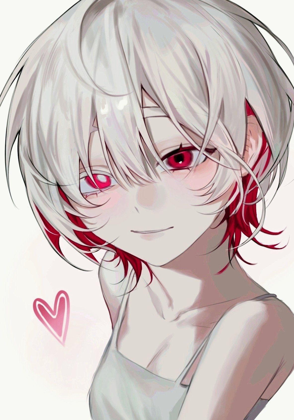 indie utaite, highres, 1girl, bare shoulders, breasts, camisole, cleavage, closed mouth, collarbone, colored inner hair, dongdang, hair between eyes, heart, looking at viewer, multicolored hair, red eyes, red hair, short hair, simple background, small breasts, smile, solo, spaghetti strap, suramukz, two-tone hair, upper body, white background, white hair