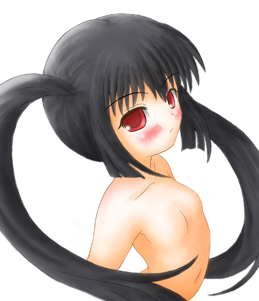 tutifutatu, kooh (pangya), pangya, 1girl, black hair, blush, female focus, loli, long hair, no nipples, nude, red eyes, solo, topless female, upper body
