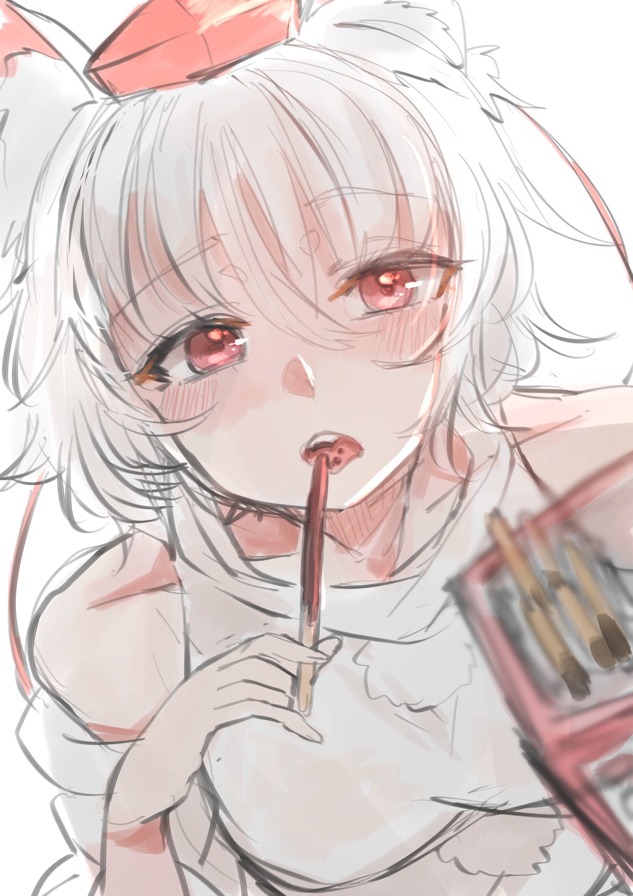 yoyoiro (sysi20), inubashiri momiji, touhou, commentary request, highres, 1girl, animal ear fluff, animal ears, blurry, blurry foreground, box, breasts, detached sleeves, dutch angle, food, food in mouth, hat, holding, holding food, holding pocky, large breasts, messy hair, open mouth, pocky, pocky day, pom pom (clothes), red eyes, red hat, shirt, short hair, simple background, solo, teeth, tokin hat, tongue, tongue out, upper body, upper teeth only, white background, white hair, white shirt, wolf ears, wolf girl