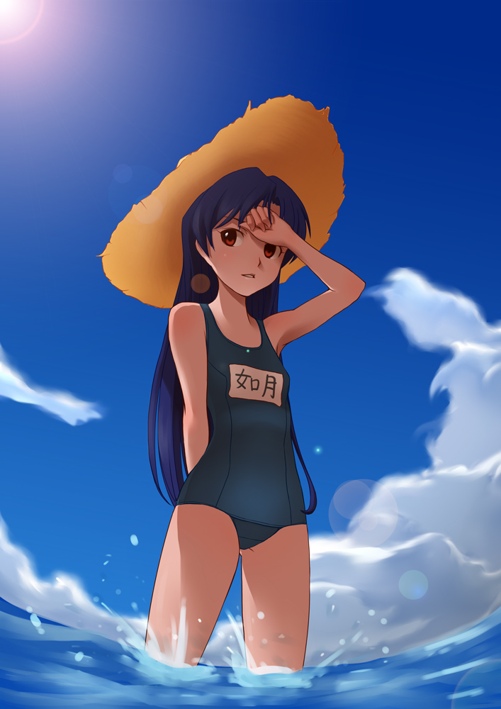sanhon, kisaragi chihaya, idolmaster, idolmaster (classic), bad id, bad pixiv id, third-party edit, 00s, 1girl, beach, day, female focus, hat, lens flare, long hair, name tag, one-piece swimsuit, school swimsuit, solo, swimsuit