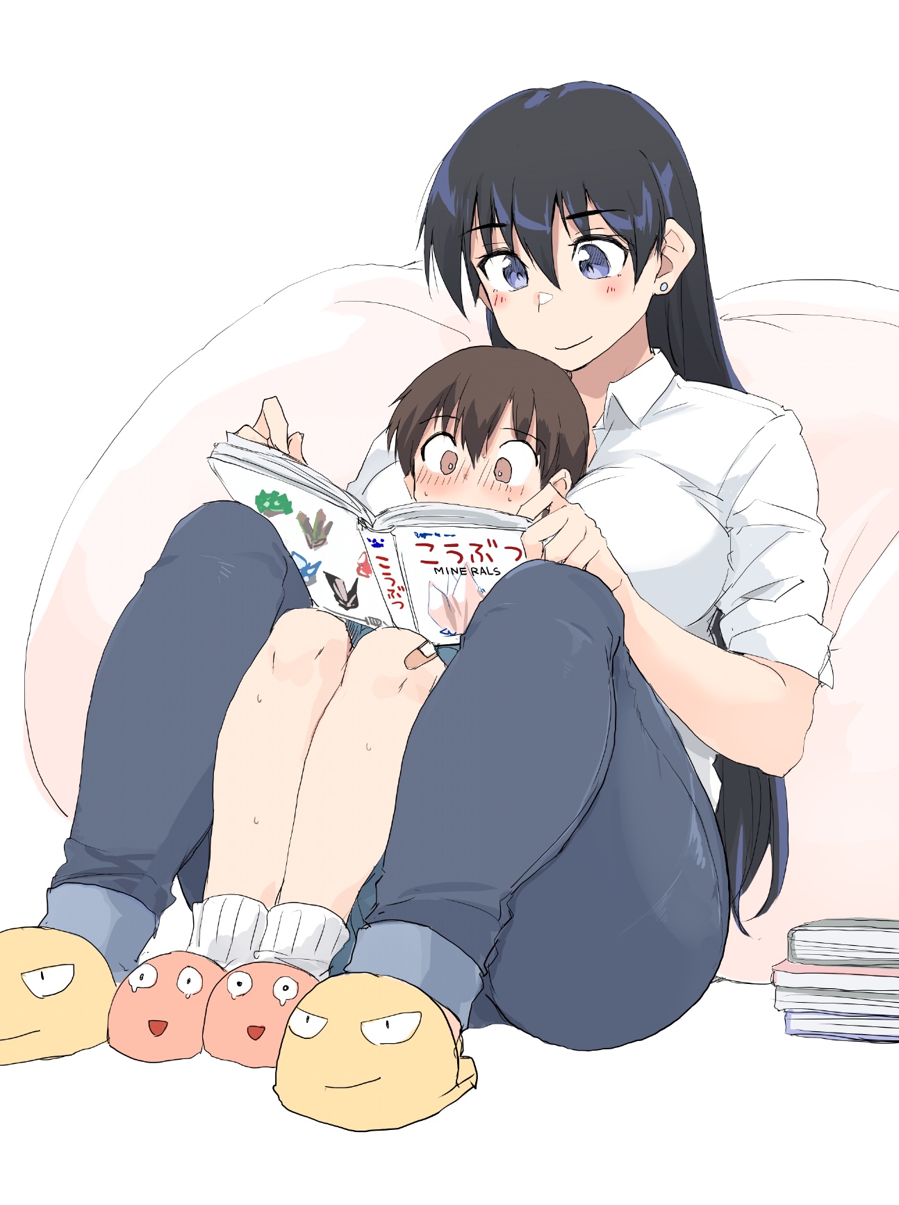 zekkyon, arato nagi, ruri no houseki, commentary request, highres, 1boy, 1girl, age difference, bandaid, bandaid on knee, bandaid on leg, black hair, blue eyes, blush, book, breast pillow, breasts, brown eyes, brown hair, collared shirt, earrings, hetero, holding, holding book, jewelry, large breasts, leaning on person, long hair, onee-shota, pants, reading, shirt, simple background, sitting, sitting between lap, size difference, slippers, smile, socks, stud earrings, sweat, white background, white shirt, white socks