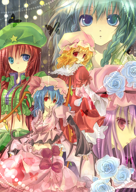 rabishia, flandre scarlet, hong meiling, izayoi sakuya, patchouli knowledge, remilia scarlet, embodiment of scarlet devil, touhou, silver hair, bad id, bad pixiv id, 5girls, bat wings, beret, blue eyes, bow, china dress, chinese clothes, crescent, crystal, demon wings, dress, expressionless, female focus, from behind, green eyes, hat, looking at viewer, looking back, mob cap, multiple girls, pink bow, profile, purple eyes, purple hair, red dress, red eyes, red hair, star (symbol), upper body, vampire, wings