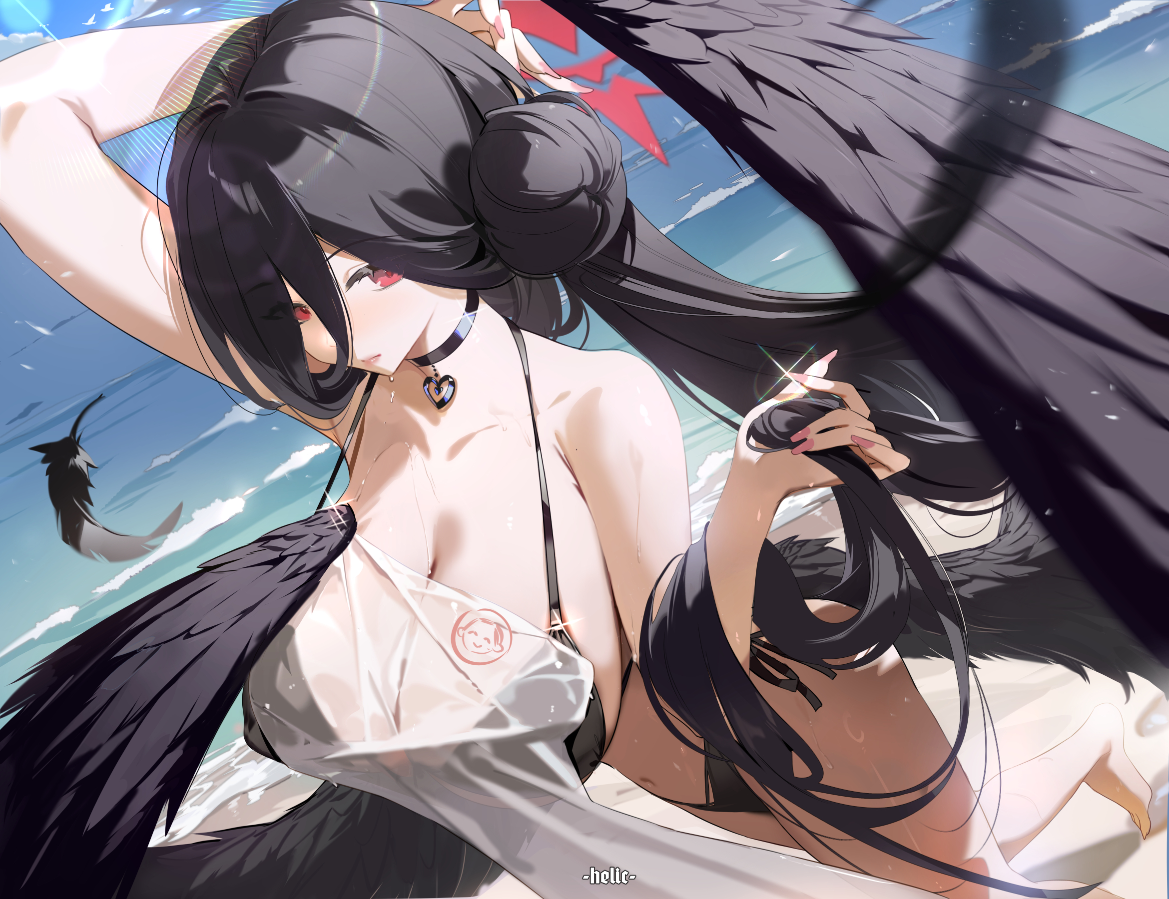 helic (7317helic), doodle sensei (blue archive), hasumi (blue archive), hasumi (swimsuit) (blue archive), sensei (blue archive), blue archive, highres, 1girl, arm behind head, bare arms, bare legs, bare shoulders, barefoot, bikini, black bikini, black choker, black hair, black wings, breasts, choker, feathered wings, hair bun, hair over one eye, halo, holding, holding own hair, huge breasts, long hair, navel, official alternate costume, official alternate hairstyle, open mouth, pink nails, red eyes, red halo, see-through clothes, see-through shawl, shawl, side ponytail, solo, stamp mark, swimsuit, wings