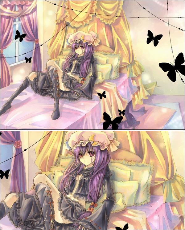 rabishia, patchouli knowledge, touhou, bad id, bad pixiv id, 1girl, bed, bug, butterfly, crescent moon, female focus, hat, indoors, long hair, lying, moon, multiple views, purple eyes, purple hair
