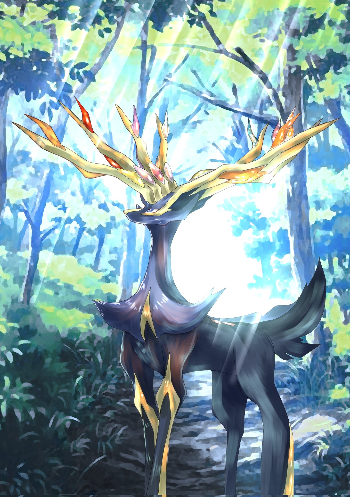 xerneas, nintendo, pokemon, commentary request, highres, animal focus, benimanbo, blue eyes, deer, gen 6 pokemon, legendary pokemon, looking up, no humans, outdoors, pokemon (creature), pokemon focus, solo, standing, sunset, tree