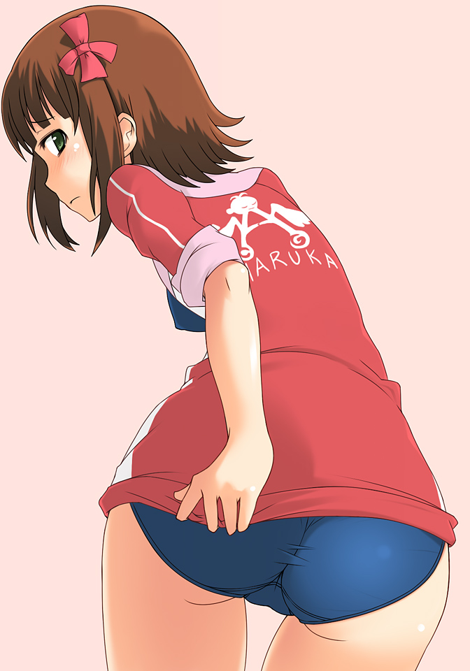 kazuto san, amami haruka, idolmaster, idolmaster (classic), idolmaster 1, 00s, 1girl, ass, blush, brown hair, covering ass, covering privates, female focus, green eyes, no pants, one-piece swimsuit, school swimsuit, solo, swimsuit, swimsuit under clothes