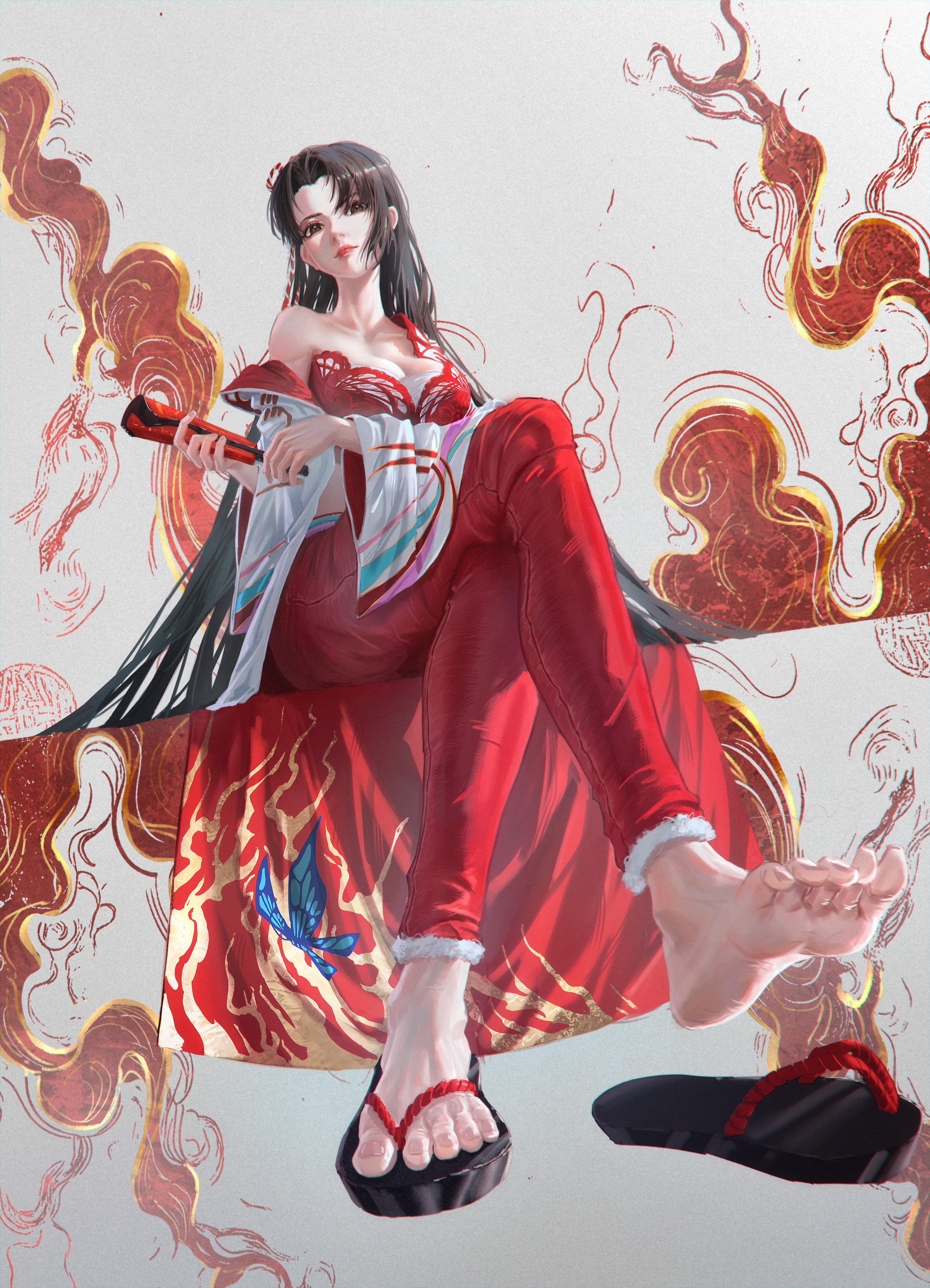 shiranui mai, fatal fury, street fighter, street fighter 6, absurdres, highres, 1girl, breasts, cleavage, crossed legs, feet, folded fan, folding fan, hair ornament, hand fan, haori, head tilt, japanese clothes, long hair, official alternate costume, official alternate hairstyle, pants, red bustier, red pants, sandals, single sandal, sitting, solo, suikagcy, toes, unworn sandals, very long hair