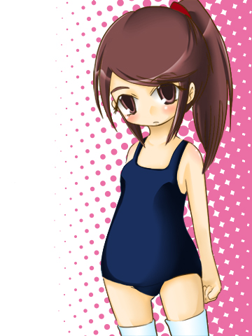 mamimu (kajimaya), bad id, bad pixiv id, lowres, 1girl, blush, female focus, flat chest, one-piece swimsuit, ponytail, school swimsuit, solo, swimsuit, thighhighs