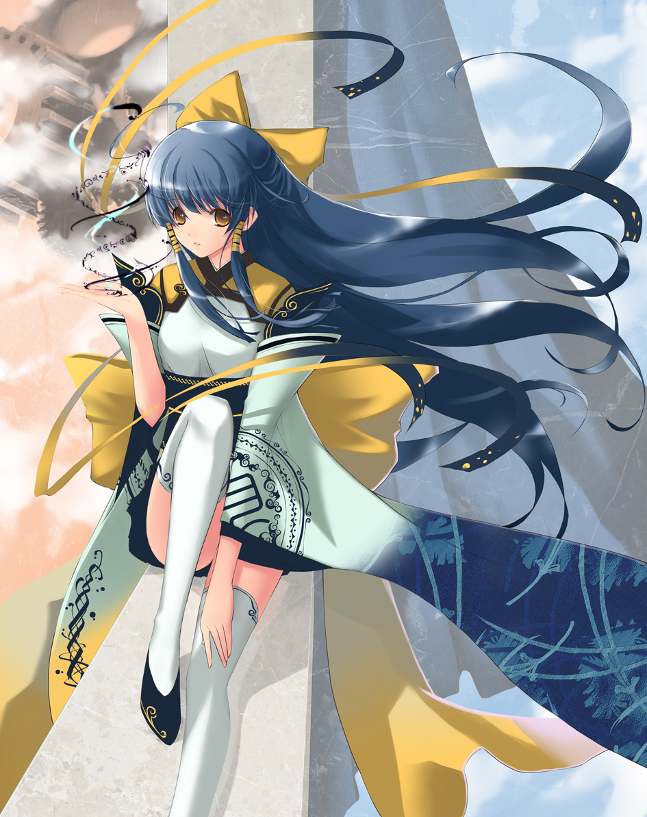 achunchun, chun (friendly sky), original, bad id, bad pixiv id, 1girl, blue hair, brown eyes, female focus, gears, hair tubes, legs, long hair, sitting, solo, symbol, thighhighs, white thighhighs, yellow eyes