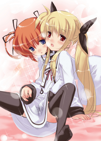 achunchun, chun (friendly sky), fate testarossa, takamachi nanoha, lyrical nanoha, mahou shoujo lyrical nanoha, mahou shoujo lyrical nanoha a's, bad id, bad pixiv id, 00s, 2girls, blonde hair, blush, fingering, kodomo doushi, loli, multiple girls, school uniform, serafuku, spread legs, thighhighs, yuri