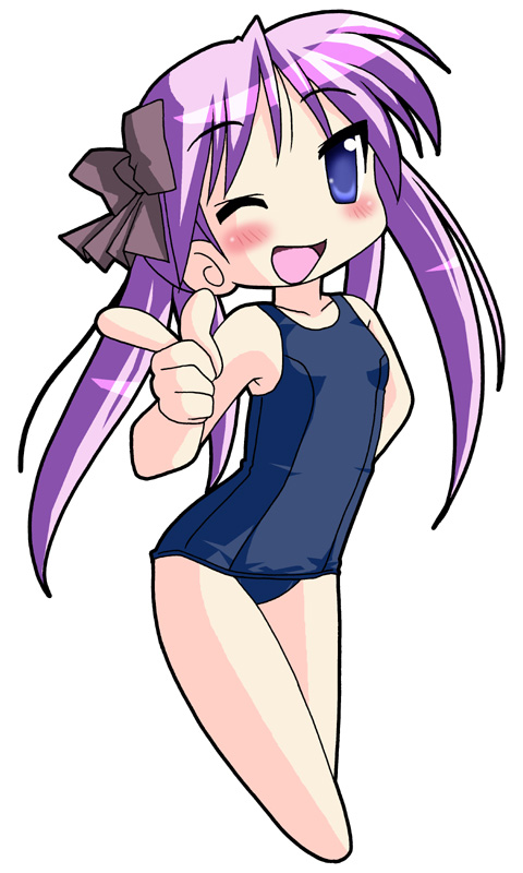 neopure, hiiragi kagami, lucky star, 00s, barefoot, blush, long hair, one-piece swimsuit, purple hair, school swimsuit, solo, swimsuit