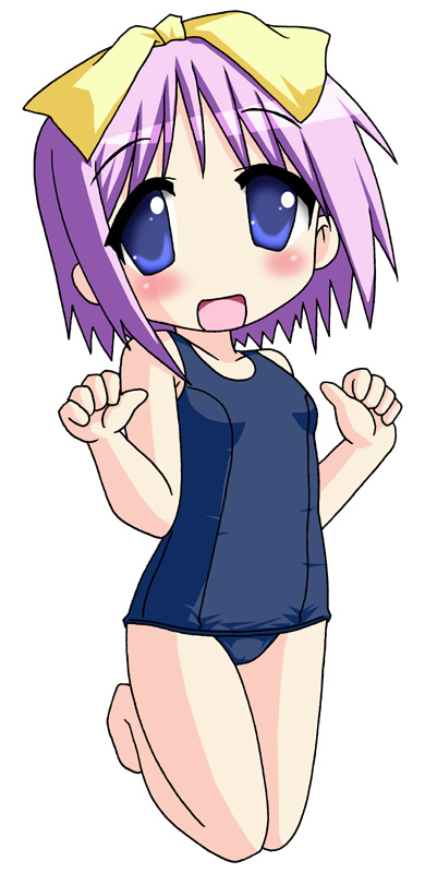 neopure, hiiragi tsukasa, lucky star, long image, tall image, 00s, barefoot, blush, one-piece swimsuit, purple hair, school swimsuit, swimsuit