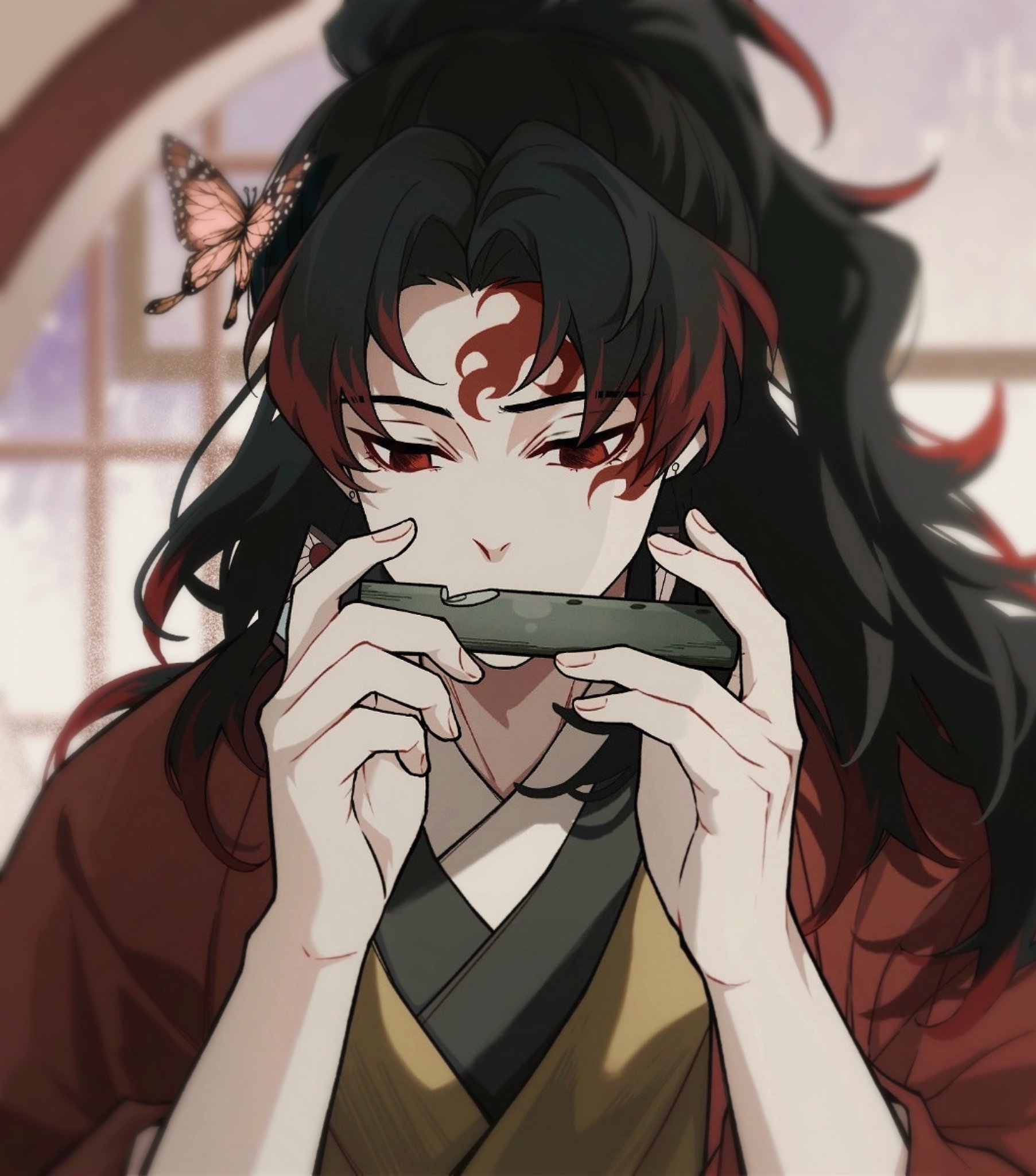 shigatsuchichi, tsugikuni yoriichi, kimetsu no yaiba, highres, 1boy, black hair, bug, butterfly, earrings, empty eyes, facial tattoo, flute, hanafuda earrings, hands up, haori, high ponytail, holding, holding flute, holding instrument, insect, instrument, japanese clothes, jewelry, kimono, long hair, looking down, male focus, multicolored hair, music, playing flute, playing instrument, ponytail, red eyes, red hair, red haori, red tattoo, solo, tattoo, two-tone hair, yellow kimono