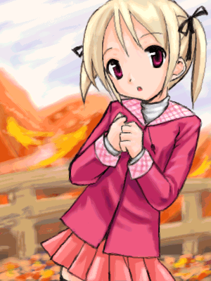 takayaki, lowres, 1girl, autumn, day, dot nose, female focus, long sleeves, looking at viewer, oekaki, open mouth, outdoors, school uniform, serafuku, solo, standing