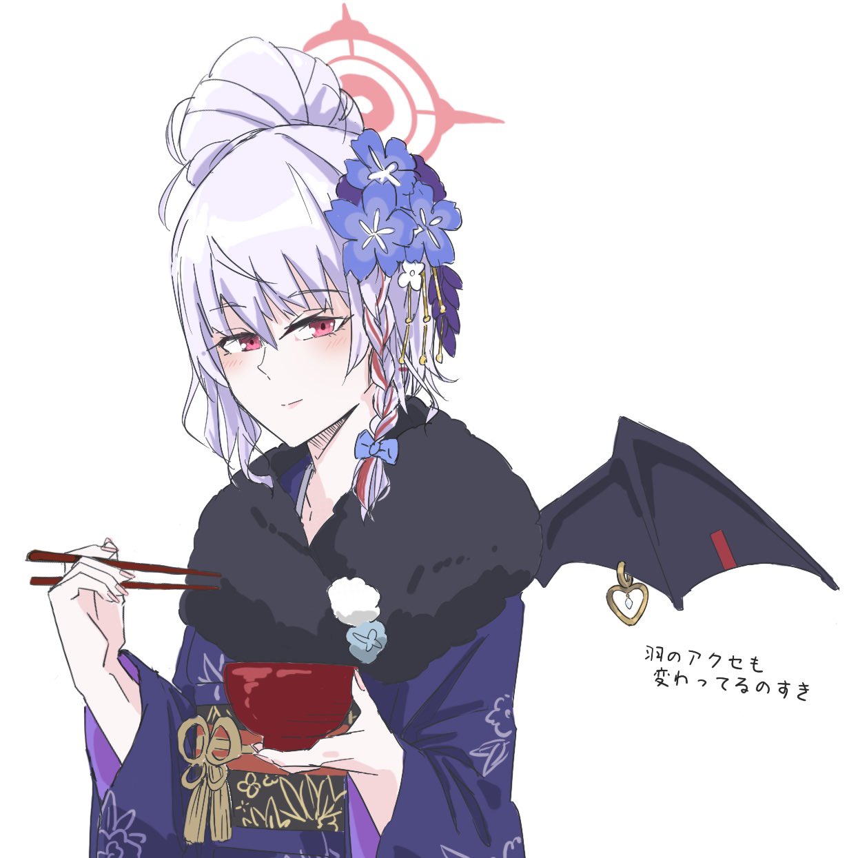 vividnatadecoco, haruna (blue archive), haruna (new year) (blue archive), blue archive, highres, translation request, 1girl, black wings, blue flower, bowl, braid, chopsticks, closed mouth, flower, fur collar, grey hair, hair bun, hair flower, hair ornament, halo, heart, holding, holding bowl, holding chopsticks, japanese clothes, kimono, long sleeves, looking at viewer, multicolored hair, nail polish, obi, piercing, pink nails, purple kimono, red eyes, red hair, sash, simple background, smile, solo, streaked hair, upper body, white background, wide sleeves, wing piercing, wings