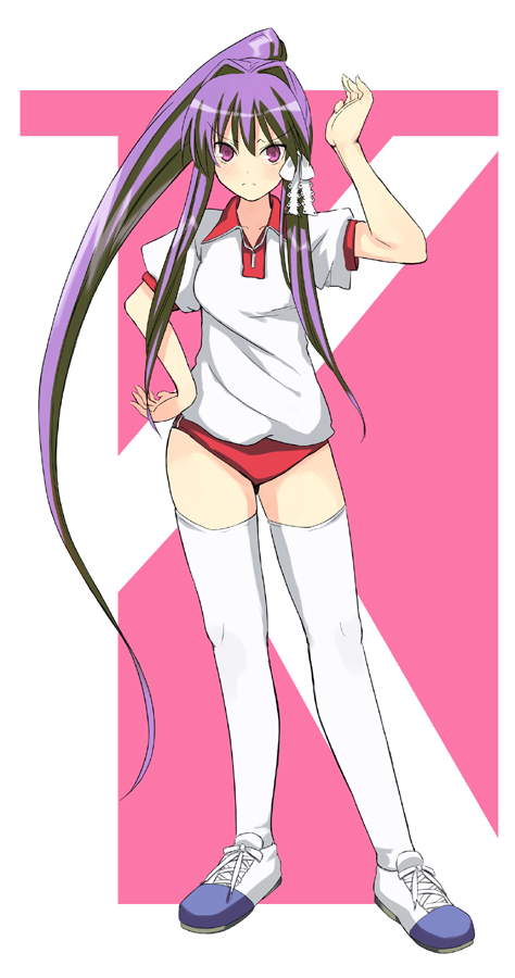 kitagawa unagi, fujibayashi kyou, clannad, 00s, buruma, gym uniform, long hair, ponytail, solo, thighhighs