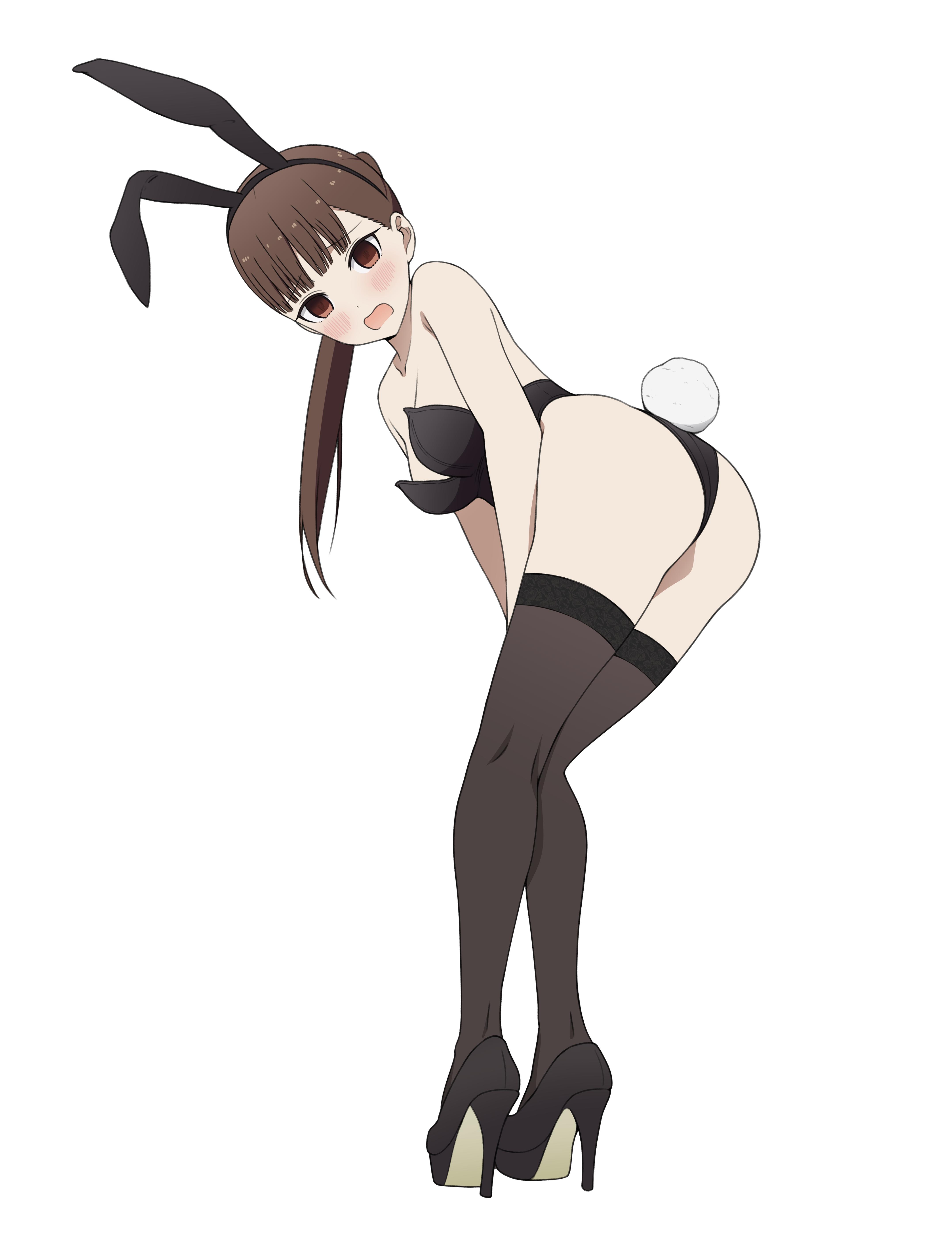coro fae, iino miko, kaguya-sama wa kokurasetai ~tensai-tachi no renai zunousen~, absurdres, highres, 1girl, animal ear hairband, animal ears, ass, black leotard, black thighhighs, brown eyes, brown hair, fake animal ears, fake tail, hairband, high heels, highleg, highleg leotard, leaning forward, leotard, long hair, looking at viewer, open mouth, playboy bunny, ponytail, rabbit ears, rabbit tail, simple background, solo, strapless, strapless leotard, tail, thighhighs, white background