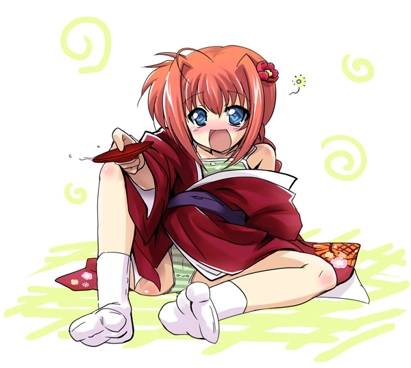 shiwo, vita (nanoha), lyrical nanoha, mahou shoujo lyrical nanoha, mahou shoujo lyrical nanoha a's, mahou shoujo lyrical nanoha strikers, 00s, 1girl, @ @, ahoge, alcohol, blush, cup, drunk, feet, female focus, japanese clothes, kimono, moe (phrase), panties, sakazuki, sake, socks, solo, striped clothes, striped panties, tabi, underwear