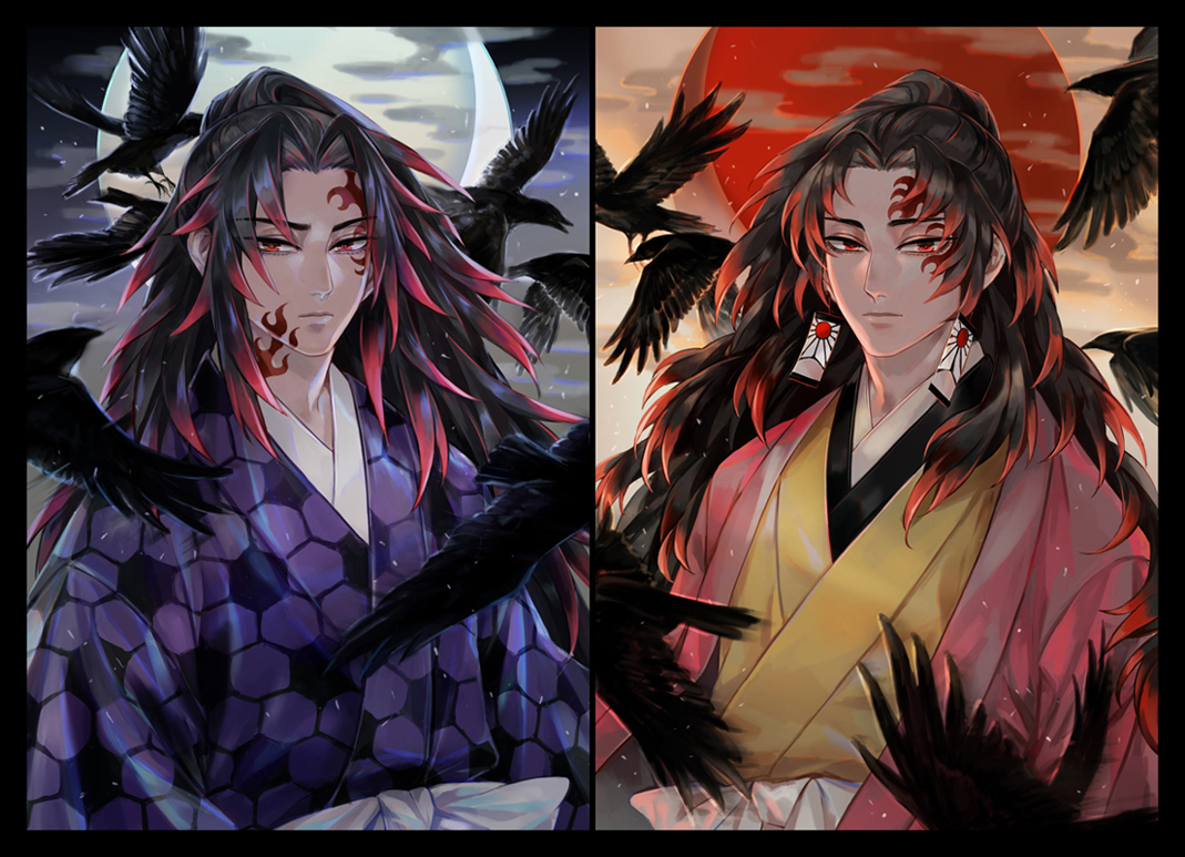 joshua drac, tsugikuni michikatsu, tsugikuni yoriichi, kimetsu no yaiba, 2boys, bird, black hair, closed mouth, crow, earrings, facial tattoo, hanafuda earrings, haori, japanese clothes, jewelry, kimono, looking at viewer, male focus, moon, multicolored hair, multiple boys, purple kimono, red eyes, red hair, red haori, red tattoo, tattoo, two-tone hair, upper body, yellow kimono