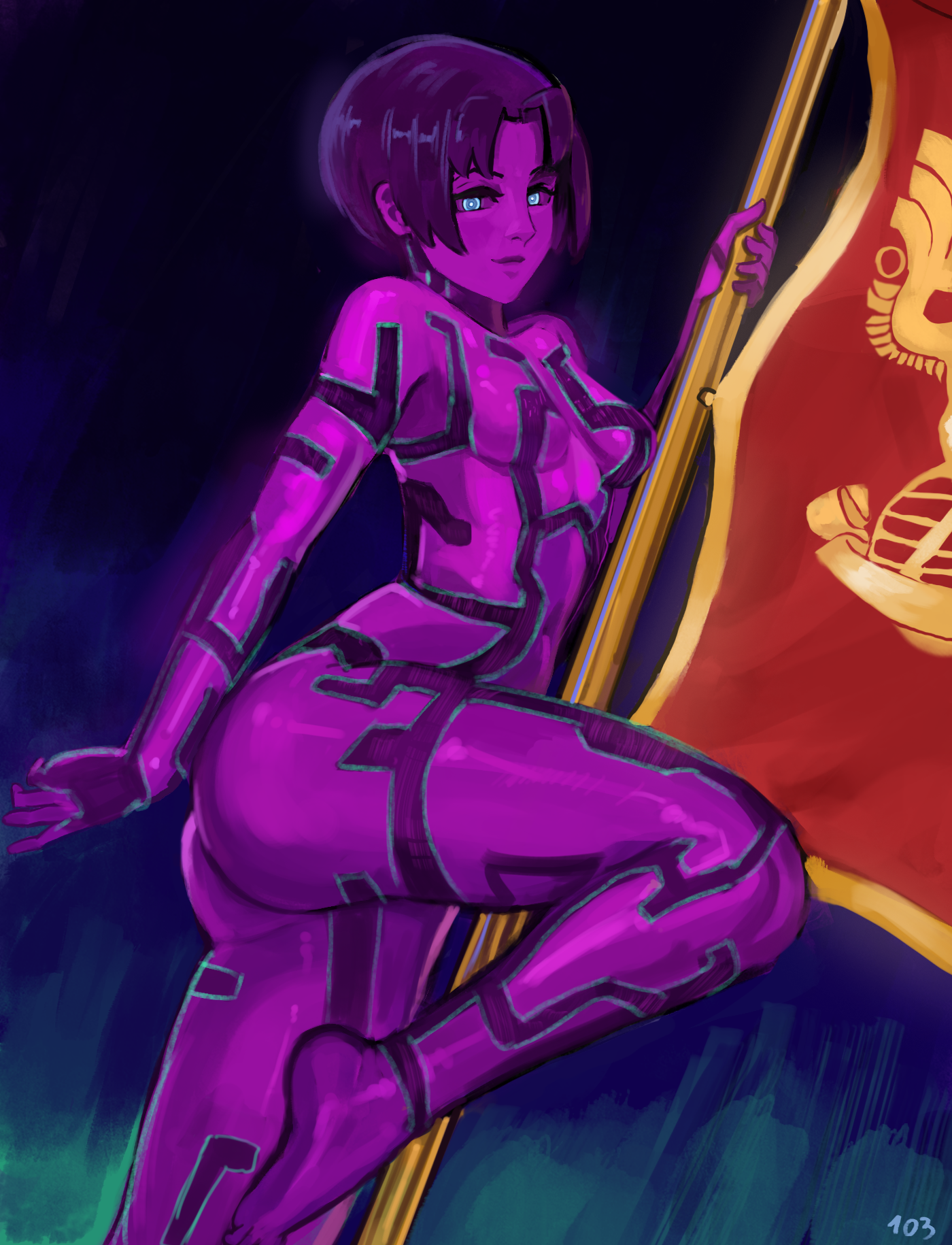 103anon, cortana, halo: combat evolved, halo (series), highres, 1girl, animification, ass, blue eyes, breasts, closed mouth, colored skin, flagpole, hologram, leg up, looking at viewer, navel, purple hair, purple skin, short hair, small breasts, smile, solo