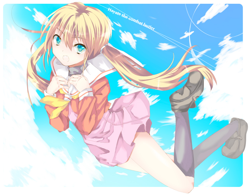 ise (velvet088), sanzen'in nagi, hayate no gotoku!, 00s, 1girl, blonde hair, cloud, day, female focus, happy, long hair, open mouth, outdoors, rounded corners, school uniform, serafuku, shoes, skirt, sky, socks, solo, twintails