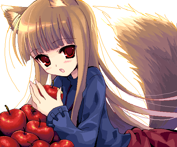 chimaro, holo, spice and wolf, 00s, 1girl, animal ears, apple, female focus, food, fruit, holding, holding food, holding fruit, oekaki, solo, tail, wolf ears, wolf tail