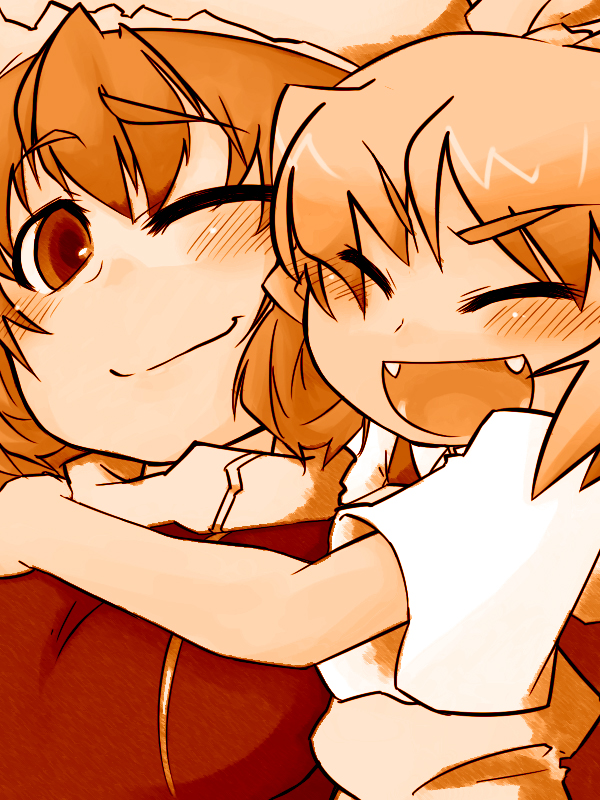 ogihara mach, cirno, letty whiterock, touhou, bad id, bad pixiv id, 2girls, female focus, hug, multiple girls, sepia
