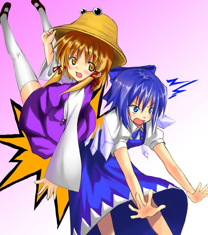 tsujigiri, cirno, moriya suwako, touhou, white legwear, 2girls, blonde hair, female focus, hat, multiple girls, thighhighs