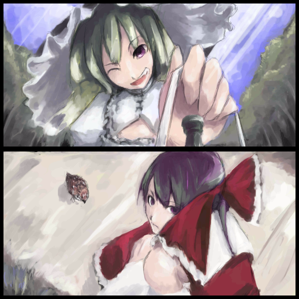 enpou, hakurei reimu, kirisame marisa, touhou, 2girls, ;d, animal, bird, blonde hair, blush, bow, dotfight, female focus, from above, hair bow, head tilt, looking at viewer, looking back, multiple girls, nontraditional miko, one eye closed, open mouth, outdoors, path, red bow, road, smile, upper body