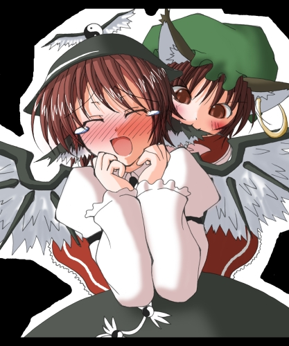 chen, mystia lorelei, touhou, biting ear, lowres, 2girls, :3, animal ears, biting, blush, brown hair, cat ears, cat girl, earrings, fangs, female focus, hat, jewelry, multiple girls, short hair, tears, wings
